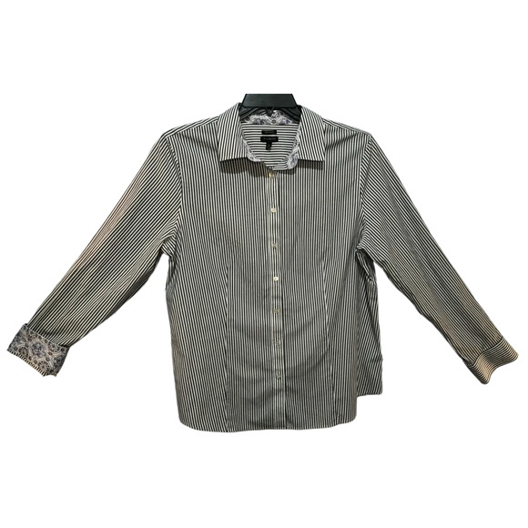 Talbots Size 16 Grey White Stripe Button Front Top Wrinkle Resistant Flip Cuff - Picture 1 of 9